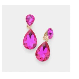 Unbranded 2” Clip On Long Gold Hot Pink Fuchsia Rhinestone Teardrop Crystal Prom Earrings
