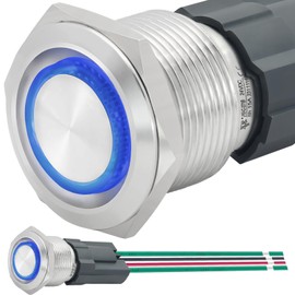 UL Listed 15Amp 19mm Momentary Push Button Switch 3/4" Waterproof IP67 12V-24V 1NO SPST Ring Led Light Stainless Steel 316 with Wire Socket