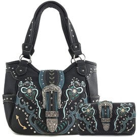 Zelris Floral Poppy Buckle Western Women Conceal Carry Tote Handbag Purse Set (Black)