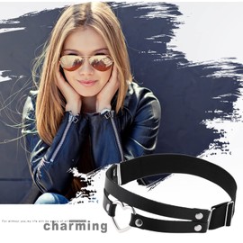 Flongo Women's Thigh Chain Leather Black with Rivets Body Leg Chain Harness Garter Leg Chain with Silver Stainless Steel Heart Body Jewellery Elastic for Women and Girls, Leather