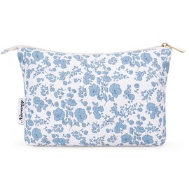 Narwey Cosmetic Bag for Women Makeup Bag Leather Toiletry Bag Travel Zip Bag for Women Girls, Navy Blue Flower
