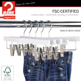 MAWA by Reston Lloyd, European Wooden Hanger, Beech Wood Hanger with Adjustable Pant Clips, Rotating Chrome Hook, White Finish, for Pants, Shorts, & Skirt Clothes Hanger, Set of 5