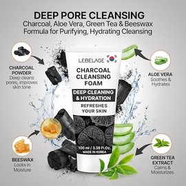 LEBELAGE Limpiador facial coreano de carbón de 3.38 onzas, lavado facial de espuma limpiadora, pH bajo, hidratante suave, limpiador facial diario para