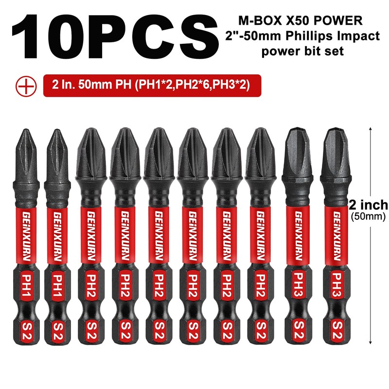 Geinxurn Impact Tough 2 in. (PH1/PH2/PH3) Screwdriver Bits Set,10 Pack