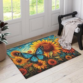 Summer Sunflower Indoor Door Mat, Butterfly Outdoor Entrance Doormat for Entryway Kitchen Bathroom 17 X 29 Inch