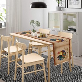 Rooster Table Runner, Vintage Rustic Brown Plaid Cottage Farm Chickens Table Decor Tabletop Dining Kitchen Wedding Party 13x60 Inch