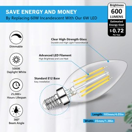Dimmable E12 LED Candelabra Bulbs 60W Equivalent, 5000K Daylight White, 600 Lumens B11 Candle Base 6W C35 LED Filament Vintage Light Bulbs, Clear Glass for Chandelier Ceiling Fan High CRI 90+, 6-Pack