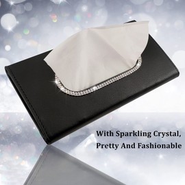 Dermasy Hanging Car Sun Visor Tissue Box Holder, Sparkly Crystal PU Leather Napkin Case Holder Bling Accessory for Women and Ladies (Black and White)
