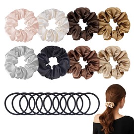 Pack of 18 Elastic Silk Brown Hair Bobbles, Satin Dark Hair Bobbles, Scrunchies Set, 4 mm Black Stretch Hair Bands, Ponytail, Classic Large Silk Hair Scrunchies for Girls, Mother, Friends