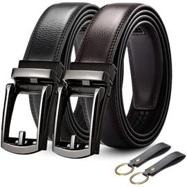 LEMONSEA Cinturones Hombre, 2 Piezas Cinturón Hombre Cuero, Cinto Hombre con Hebilla Automática Ajustable, Cinturones Hombre Piel para Traje, Estilo Casual y Vaqueros, con 2 Llavero (Negro & Marrón)