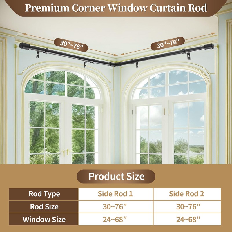 Anndason Heavy Duty 1 Inch Corner Curtain Rods Set 30-76