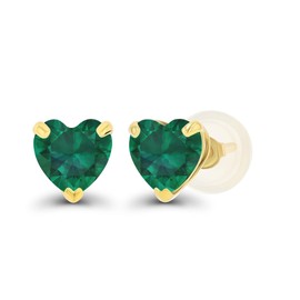 Solid 14K Yellow Gold 5mm Heart Created Green Emerald May Birthstone Genuine Stud Earrings For Women