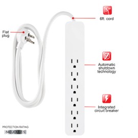 GE 6-Outlet Surge Protector, 6 Ft Extension Cord, Power Strip, 840 Joules, Flat Plug, UL Listed, White, 62693