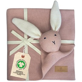DIKOS® Original Baby Blanket Cuddly Rabbit Pink 100% Organic Cotton Newborn Blanket Sustainable Cuddly Blanket Knitted Girls Cuddle Blanket Pram Baby First Essentials Gift at Birth