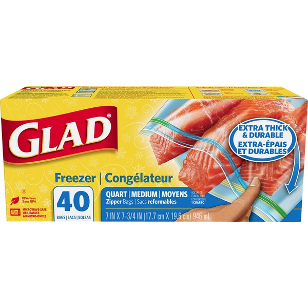 Glad Zipper Food Storage Freezer Bags - Quart Size - 40 Count (Package May Vary)