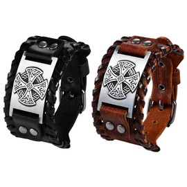 Cupimatch Men's Leather Bracelet Wide Wrap Bracelet Braided Flesh Bracelet Bangle Rope Boys Length Adjustable Brown Black, Stainless Steel