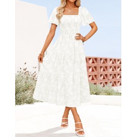 ZESICA Women's Summer Boho Floral Midi Dresses 2025 Casual Short Sleeve Square Neck Flowy Beach Vacation Long Dress,White,Large