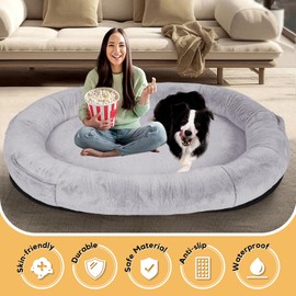 IVY&LANE Human Dog Bed for Adult,Human Sized Dog Bed for People Giant Bean Bag 71"x45"x14",Washable Faux Fur Orthopedic Nap Beds with Blanket and Pillow,Grey