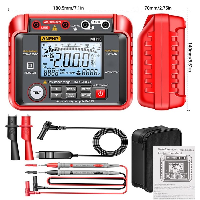 Generic MH13 1MΩ-200GΩ Megohmmeter, 250V-2500V Insulation Resistance Tester, 10V-600V AC/DC