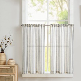 Vangao Striped Net Curtain, Linen Striped Bistro Curtain, Semi-Transparent Panel Curtains, Kitchen Curtain, Short Window Scarf for Living Room, Small Window, Country House, Black, 65 x 90 cm (W x H),