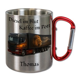 Personalisierte LKW Tasse aus Edelstahl | Geschenk für Fahrer | Edelstahltasse mit Name, Kaffeetasse, Metalltasse mit Wunschname | Werkstatt‑Kaffeebecher V12