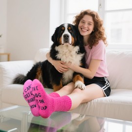 Feotenn Dog Mom Dad Gifts, Cozy Non-Slip Fuzzy Socks for Dog Lovers, Funny Christmas Birthday Gifts for Women Men (US, Alpha, One Size, Regular, Regular, Dog on My Lap Dark Pink)
