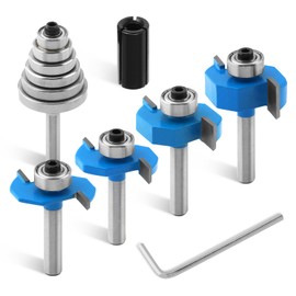 4Pcs Rabbet Router Bits 1/4" Shank with 6 Bearings Set, 1/16", 1/8", 3/16", 1/4", 5/16", 3/8", Interchangeable Bearings with 1/2" to 1/4" Router Collett, Slot Router Bits