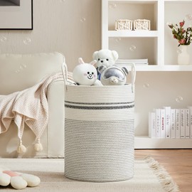 VIPOSCO Large Laundry Hamper, Tall Woven Rope Storage Basket for Blanket, Toys, Dirty Clothes in Living Room, Bathroom, Bedroom - 100L Stripe White