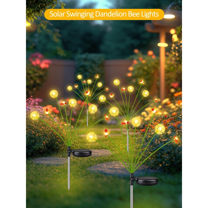 2 Pack Solar Garden Lights Outdoor,16 LED Solar Dandelion Bee