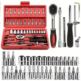 46 Pieces 1/4 inch Drive Socket Ratchet Wrench Set, with Bit Socket Set Metric and Extension Bar for Auto Repairing and Household with Storage Case:_46pc Red Ratchet Wrench Set