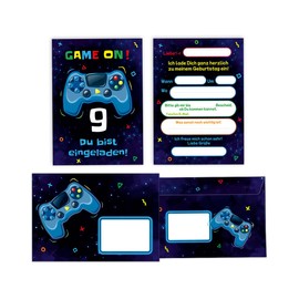 Minkocards 12 Invitation Cards for 9th Children's Birthday Boy Gamer Party Including 12 Envelopes Invitations Ninth Boys Birthday Invitations