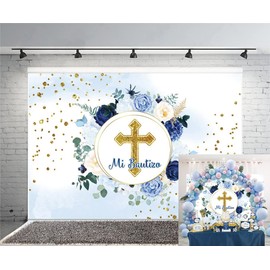 OERJU Mi Bautizo Backdrop Baptism Party First Holy Communion Christening Backdrop Blue Flowers Boy Girls Baby Shower Newborn Party Decoration Photography Background Photo Studio Shoot Props 7x5ft