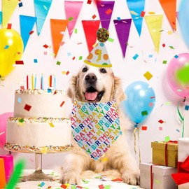 Dog Birthday Bandana Set, It's My Birthday Dog Scarfs, Pet HBD Party Decor Supplies with Colorful Polka Dots Hat Kerchief Numbers for Boy and Girl