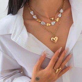 Layered Gold Necklace for Women Trendy Stackable Puffy Heart Necklaces for Women Chunky Pearl Gold Necklace Heart Jewelry (Gold)