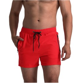 LINMYZAI Red Men's Swim Trunks 5" Inseam with Mesh Lining Zipper Pockets Swimwear Quick-Dry Bathing Suits for Men XS