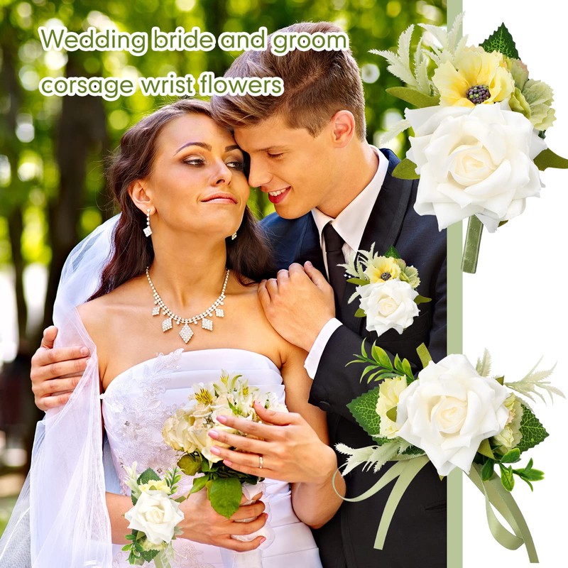 12 Pcs Corsage and Boutonniere Set with Pins for Wedding,White