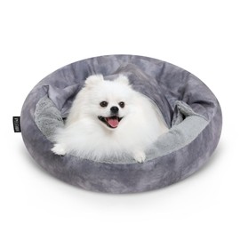 Cozy Soft Dog Bed with Hooded Blanket Warm Calming Cat Cave for Small Medium Dogs and Cats, Non-Slip Bottom & Machine Washable Pet Beds, Grey 26x26x7″