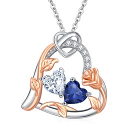 LTSTAND Sapphire and Created Diamond Necklace for Women 925 Sterling Silver Double Love Hearts 18K Rose Gold Plated Rose Flower March and April Birthstone Pendant Necklace Gifts for Her