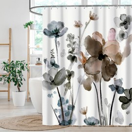 Boho Floral Shower Curtain, Ink Watercolor Flower Fabric Shower Curtains Set for Bathroom, Rustic Wildflower Decoration Bath Curtain with Hooks, Grey White Farmhouse Bathroom Decor 70.8 X 70.8 Inches