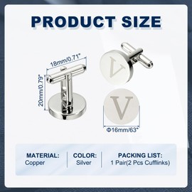 PATIKIL Initial Cufflinks, Classic Alphabet Letter V Copper Round Men Cuff Links 26 Letters A-Z for Men Father Husband Weddings Gift Business Birthday, Silver