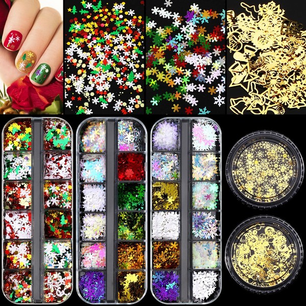 5 Boxes Christmas Nails Decoration Holographic Snowflake Nail Glitter Christmas Nail Art 3D Snowflake Nail Sequins Star Glitter DIY Manicure Laser Accessories for Women