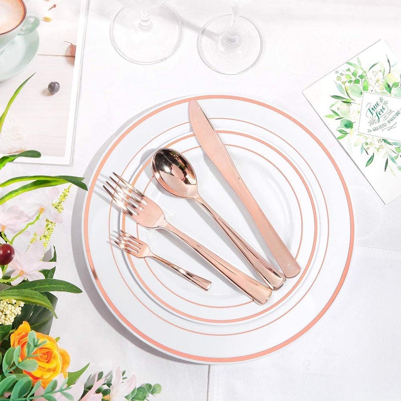 WDF 300 Pieces Rose Gold Plastic Silverware- Disposable Flatware Set