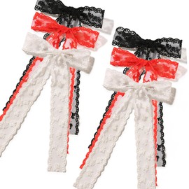 6PCS Vintage Lace Bow Hair Clips, 3 Colors (Black/White/Red) Large Long Tail Ribbons Hair Bows, 5.5×10.6inch Elegant Hair Barrettes for Women & Girls Daily & Party Decor Hair Accessories Gifts