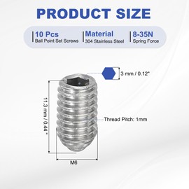 PATIKIL M6x10mm Ball Point Set Screws, 10 Pcs 304 Stainless Steel Hex Socket Spring Ball Point Grub Screws for Industrial Machine Home Furniture Workplaces, Silver