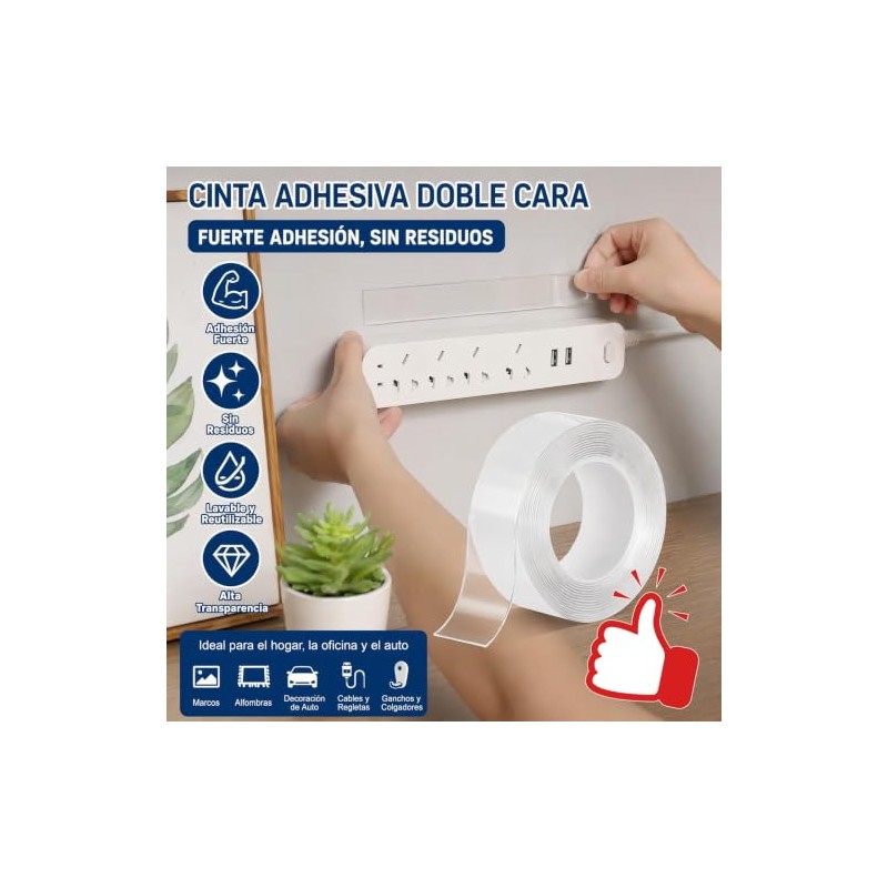 3 Rollos7M Cinta Doble Cara Extrafuerte,Reutilizable Nano Tape con tijeras,