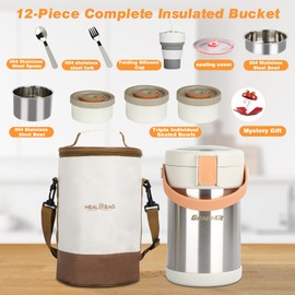 Thermo for Hot Food 3-Layer Termos Para Comida Caliente 67oz Leakproof Lunch Box for Men Women Adults - Insulated Soup Container w/Cutlery, Collapsible Cup & Thermal Bag, Office Camping Travel