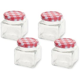Sturzgläser Preserving Jars with Twist-Off Closure, Lid with Red Check Pattern, Capacity: 75 ml, Shape: Square, TO: 48 mm, Set of 4