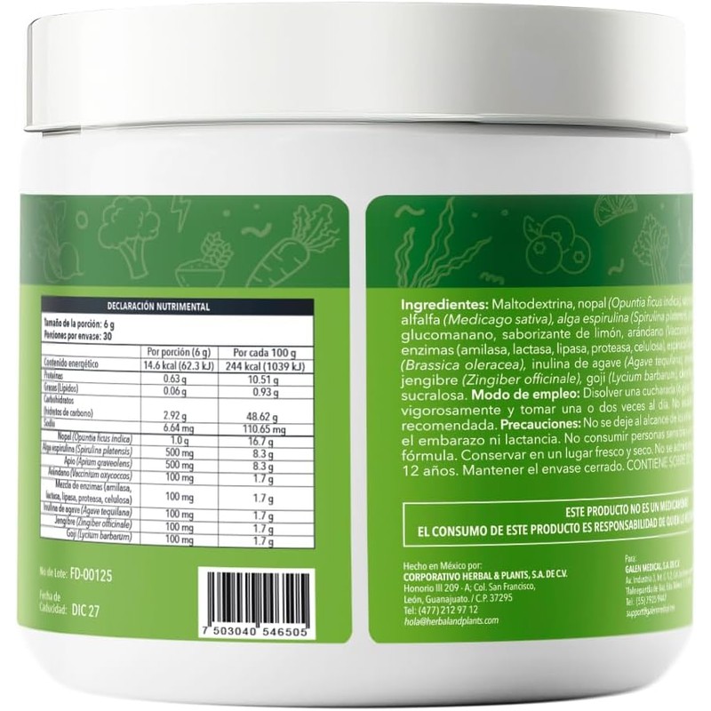 Fibra Natural, Mezcla de Enzimas y Vegetales con Antioxidantes, Envase
