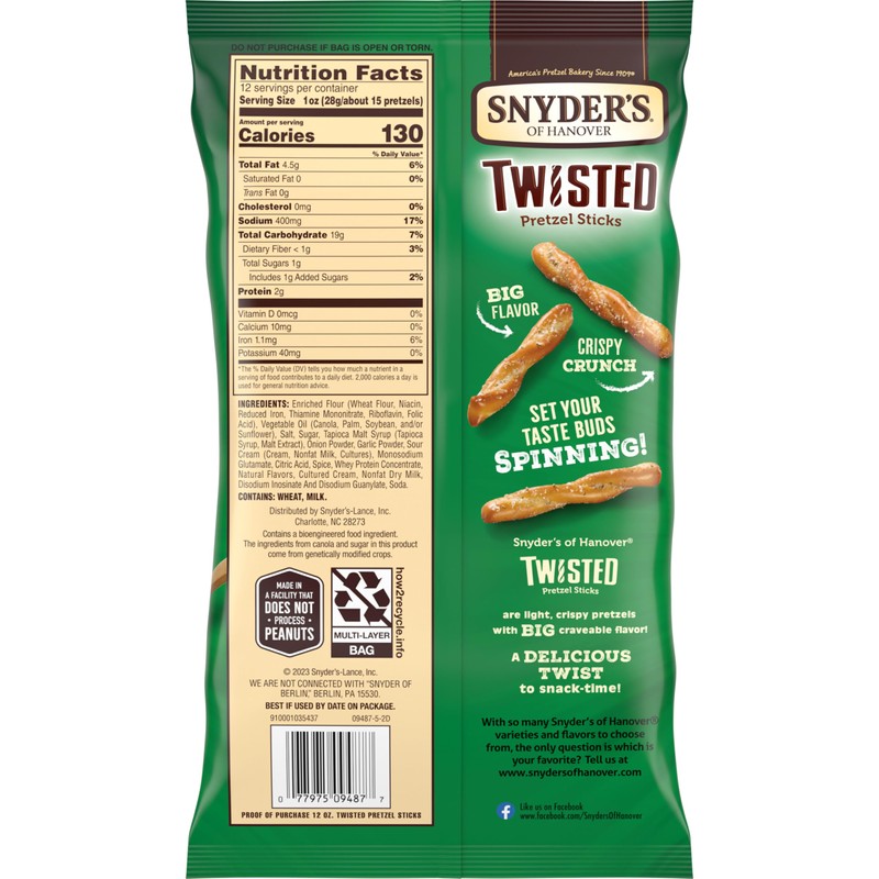 Snyder's of Hanover, Sour Cream & Onion Twisted Pretzel Sticks,