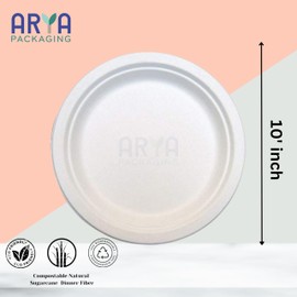 Arya PACKAGING 100% Compostable Heavy-Duty Eco-Friendly Disposable Bagasse Plates, Made of Natural Sugarcane Fibers Biodegradable Paper Plates (10 INCH, Pack of 100)